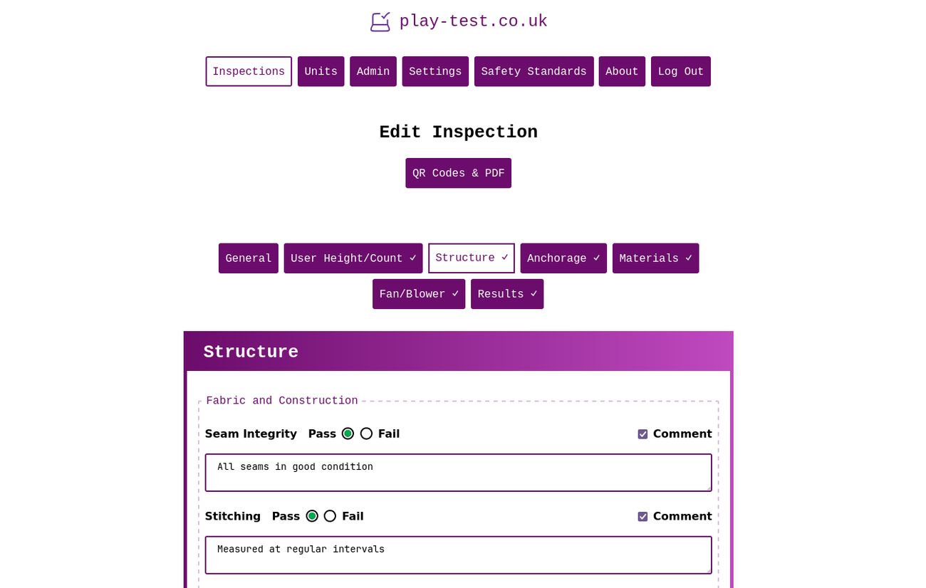 Screenshot of the Play-Test system in the process of editing an inspection